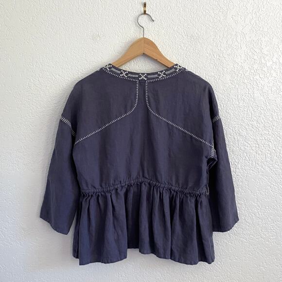 Wrap London 100% Linen Embroidered Peplum Top Tie Front Blue Gray Boho Size 2 - Picture 2 of 7